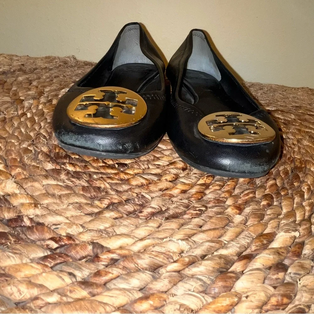 Tory Burch Black Leather Reva Logo Ballet Flats